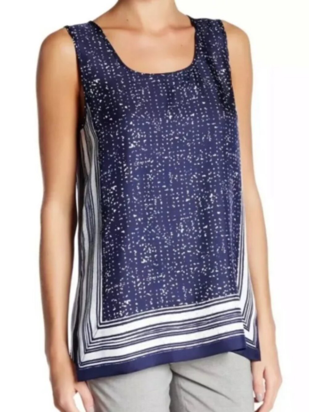 Vince 100% Silk Sleeveless Scarf Border Print Tank Top Navy White XS